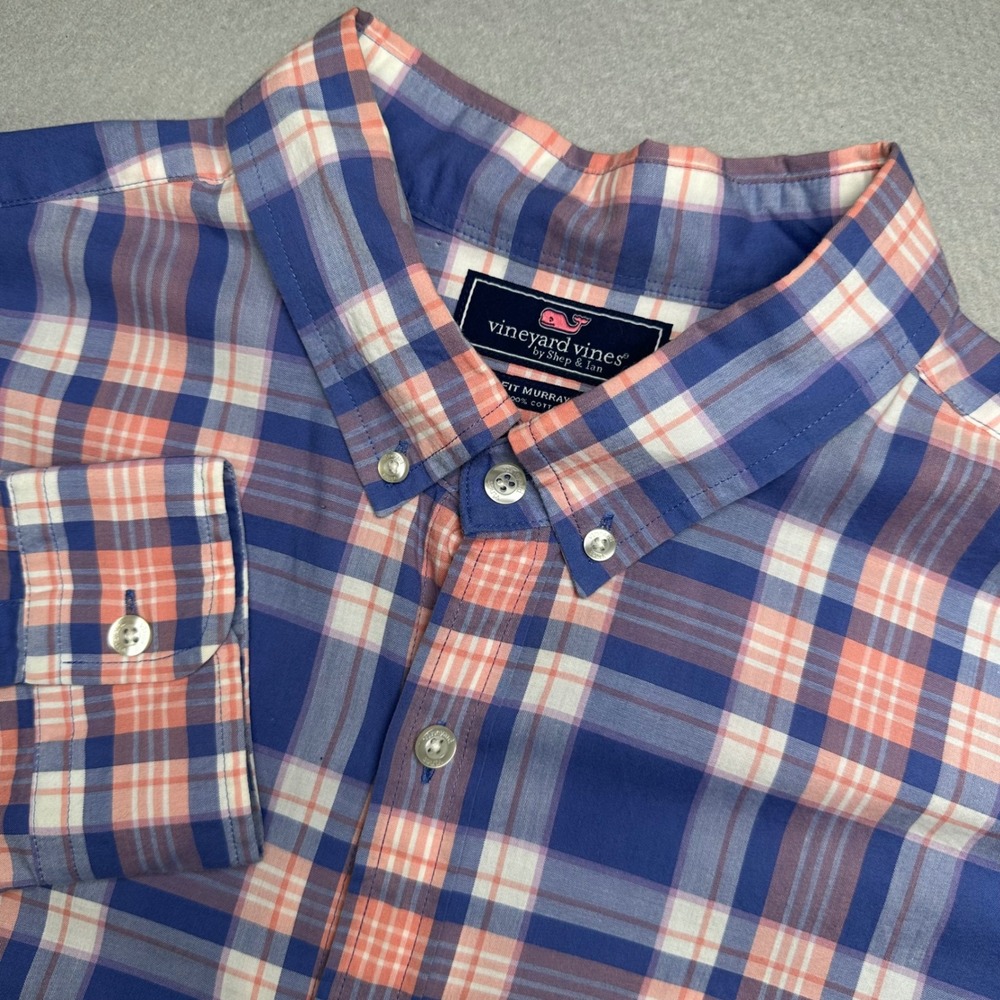 Vineyard Vines Murray Shirt Mens XL Blue Orange Plaid Slim Fit Cotton ButtonDown
